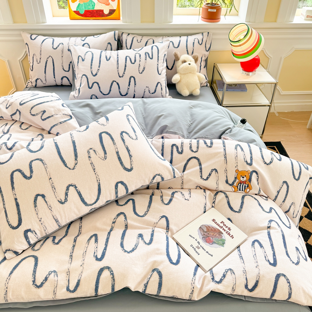 91家纺网 家纺一手货源 找家纺 千朵 2025新款全棉磨毛印花四件套 幸运熊蓝