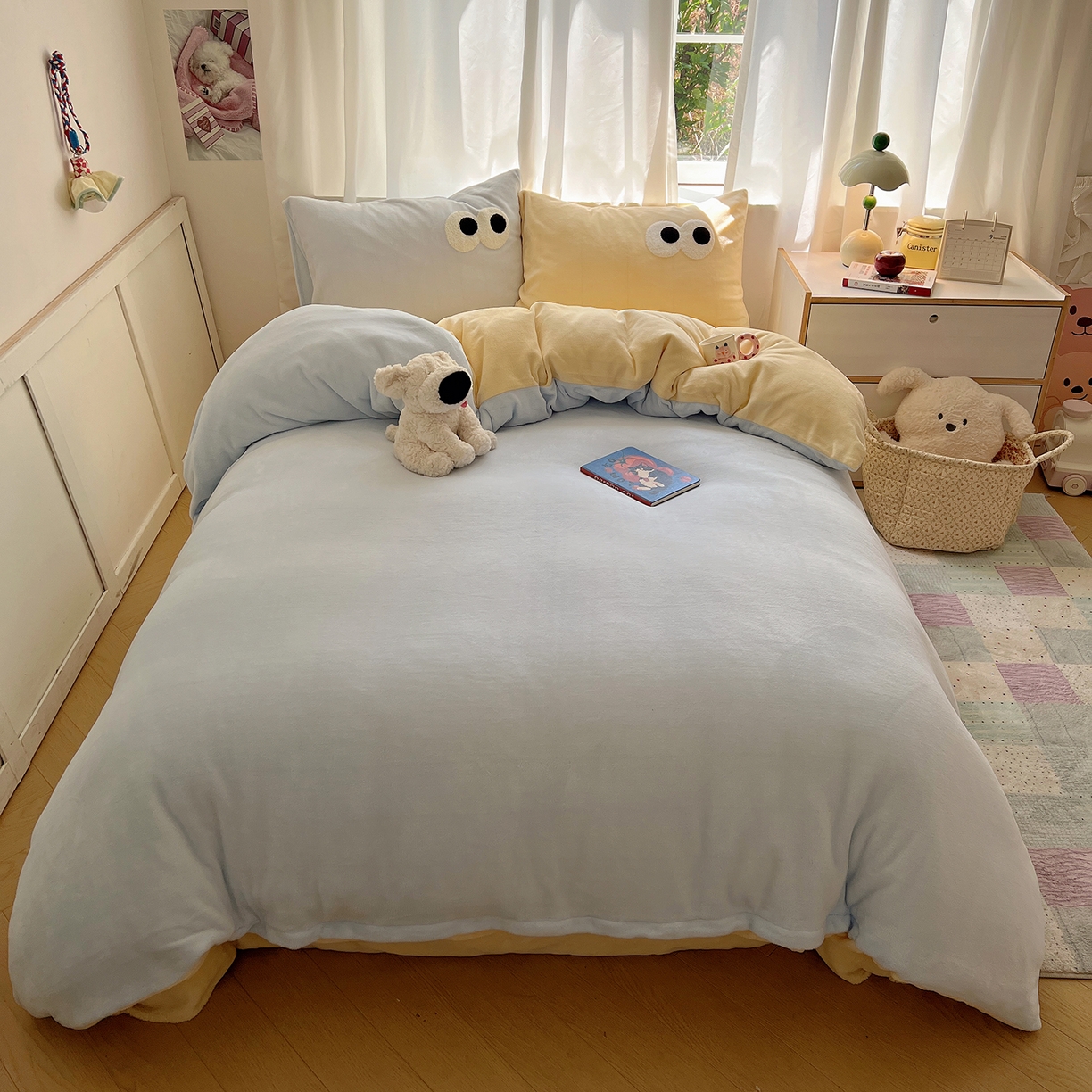 91家纺网 家纺一手货源 找家纺 （总）桃子家居 2025新款A类ins加厚毛巾绣大眼萌混搭撞色奶油格子牛奶绒系列四件套