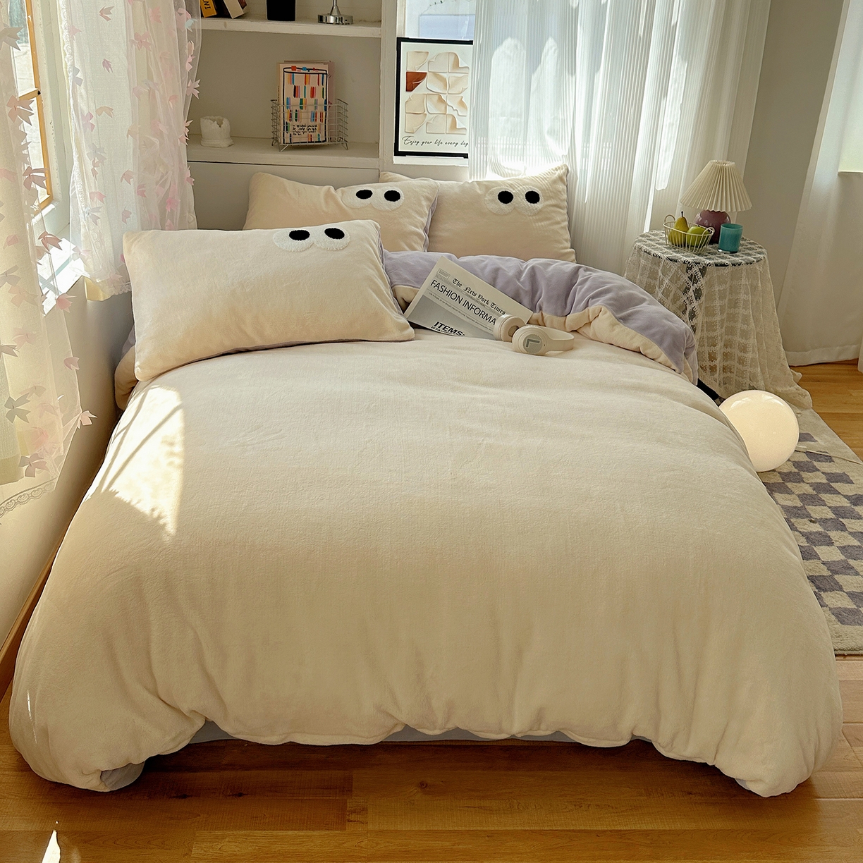 91家纺网 家纺一手货源 找家纺 （总）桃子家居 2025新款A类ins加厚毛巾绣大眼萌混搭撞色奶油格子牛奶绒系列四件套