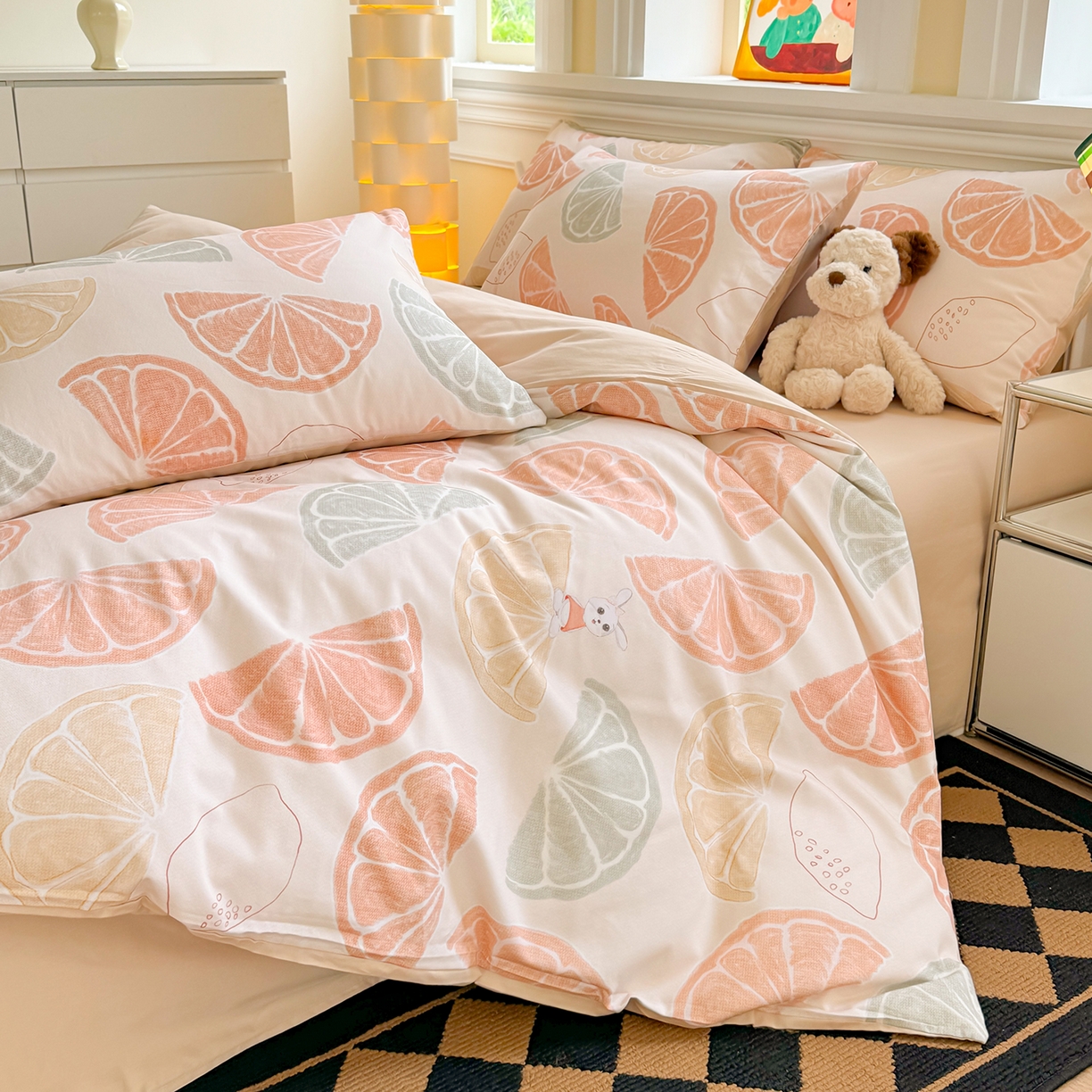 91家纺网 家纺一手货源 找家纺 千朵 2025新款全棉磨毛印花四件套 柚见玉