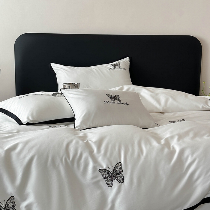 91家纺网 家纺一手货源 找家纺 （总）简纯主义 2025秋冬新款A类100支全棉贡缎长绒棉蕾丝绣花四件套-琉璃蝴蝶