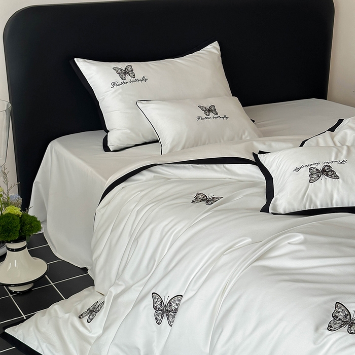 91家纺网 家纺一手货源 找家纺 （总）简纯主义 2025秋冬新款A类100支全棉贡缎长绒棉蕾丝绣花四件套-琉璃蝴蝶