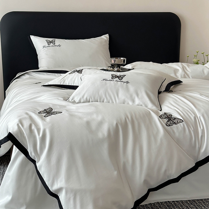 91家纺网 家纺一手货源 找家纺 （总）简纯主义 2025秋冬新款A类100支全棉贡缎长绒棉蕾丝绣花四件套-琉璃蝴蝶