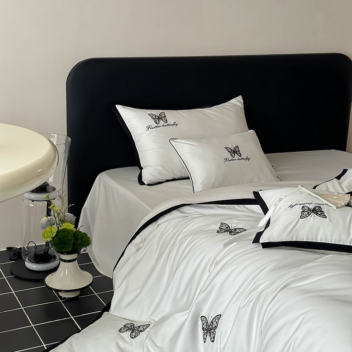 91家纺网 家纺一手货源 找家纺 （总）简纯主义 2025秋冬新款A类100支全棉贡缎长绒棉蕾丝绣花四件套-琉璃蝴蝶