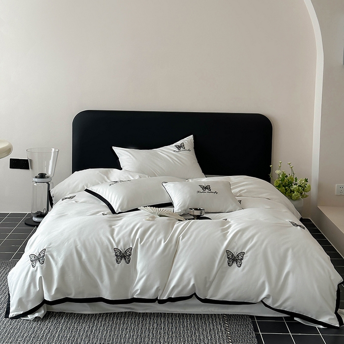 简纯主义 2025秋冬新款A类100支全棉贡缎长绒棉蕾丝绣花四件套-琉璃蝴蝶 琉璃蝴蝶白