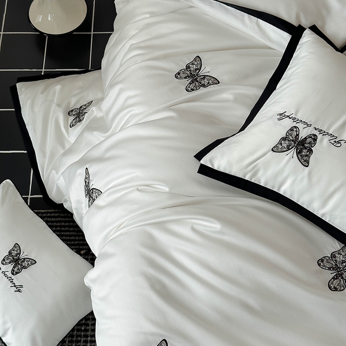 91家纺网 家纺一手货源 找家纺 简纯主义 2025秋冬新款A类100支全棉贡缎长绒棉蕾丝绣花四件套-琉璃蝴蝶 琉璃蝴蝶白