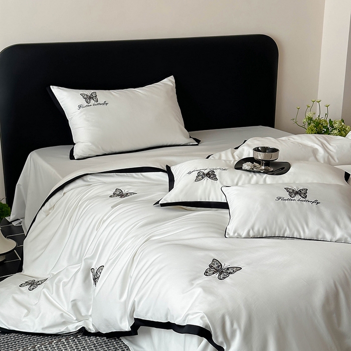 91家纺网 家纺一手货源 找家纺 简纯主义 2025秋冬新款A类100支全棉贡缎长绒棉蕾丝绣花四件套-琉璃蝴蝶 琉璃蝴蝶白