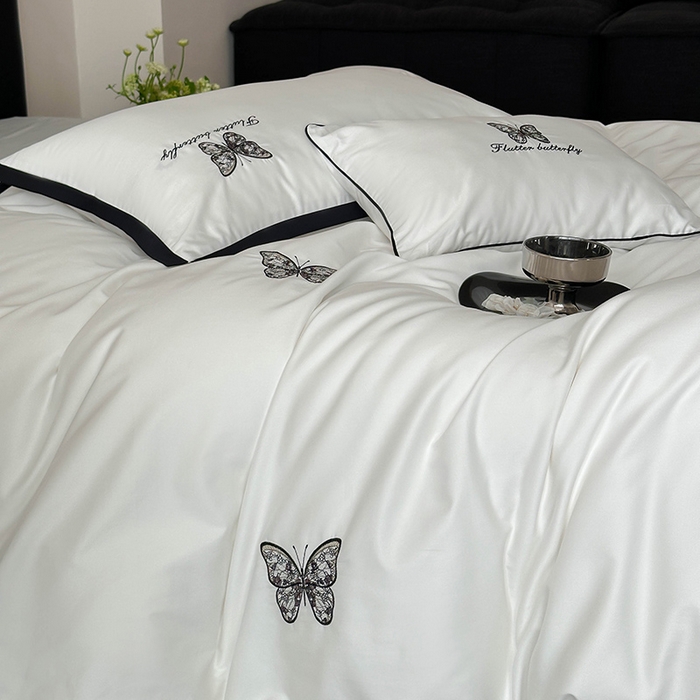 91家纺网 家纺一手货源 找家纺 简纯主义 2025秋冬新款A类100支全棉贡缎长绒棉蕾丝绣花四件套-琉璃蝴蝶 琉璃蝴蝶白