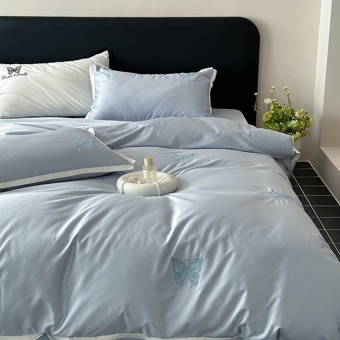 91家纺网 家纺一手货源 找家纺 简纯主义 2025秋冬新款A类100支全棉贡缎长绒棉蕾丝绣花四件套-琉璃蝴蝶 琉璃蝴蝶蓝