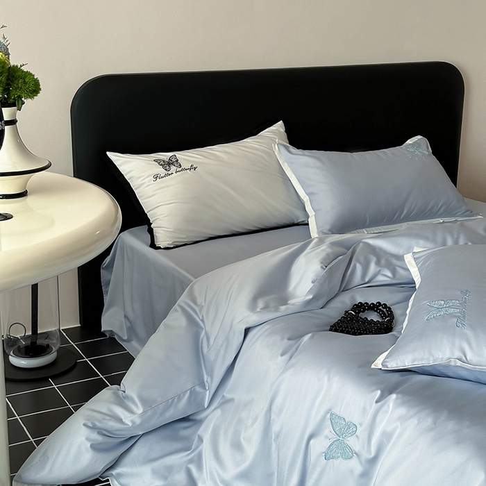 91家纺网 家纺一手货源 找家纺 简纯主义 2025秋冬新款A类100支全棉贡缎长绒棉蕾丝绣花四件套-琉璃蝴蝶 琉璃蝴蝶蓝