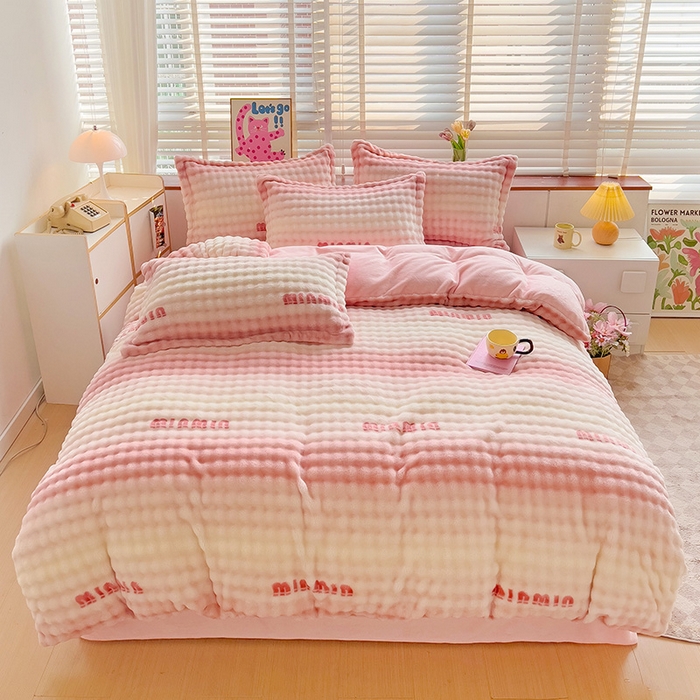 居易简 2025秋冬新款牛奶绒泡泡绒印花卡通花卉兔毛单被套三件套四件套 粉色空间