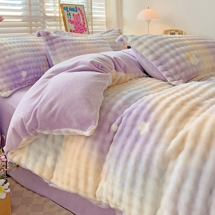 91家纺网 家纺一手货源 找家纺 居易简 2025秋冬新款牛奶绒泡泡绒印花卡通花卉兔毛单被套三件套四件套 梦幻星空