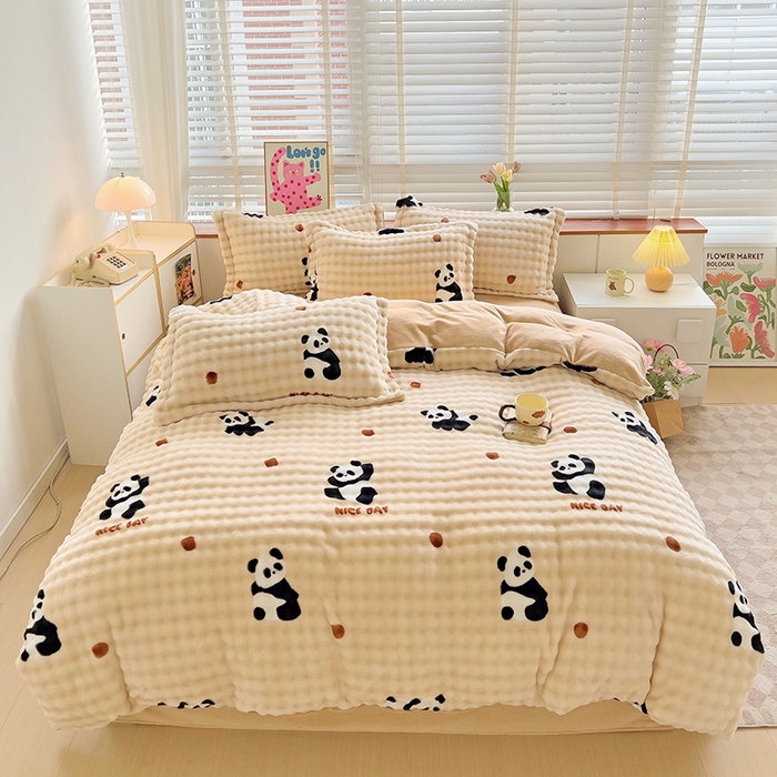 居易简 2025秋冬新款牛奶绒泡泡绒印花卡通花卉兔毛单被套三件套四件套 熊猫点点-咖
