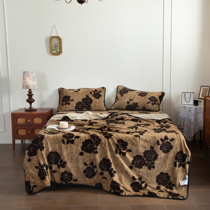 91家纺网 家纺一手货源 找家纺 库里梦家纺 2025直播网红爆款加厚兔兔绒床笠单件床笠单品床笠枕套三件套跨境床笠 黑玫瑰-咖