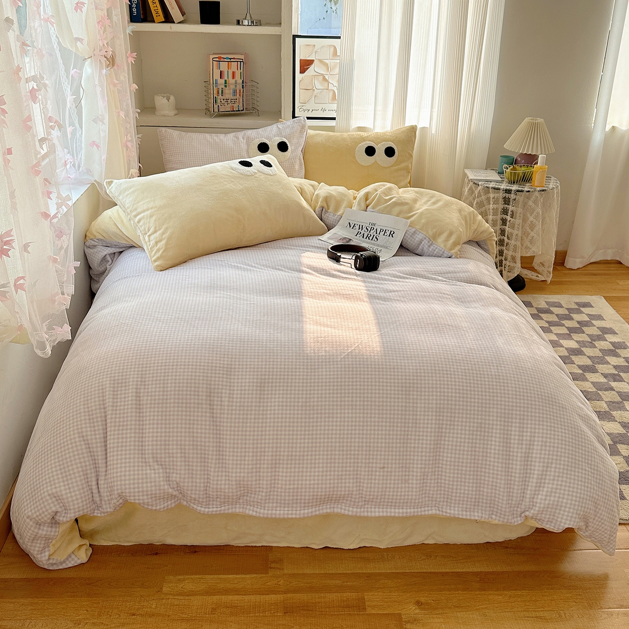桃子家居 2025新款A类ins加厚毛巾绣大眼萌混搭撞色奶油格子牛奶绒系列四件套 绒毛巾绣-大眼萌紫格黄黄
