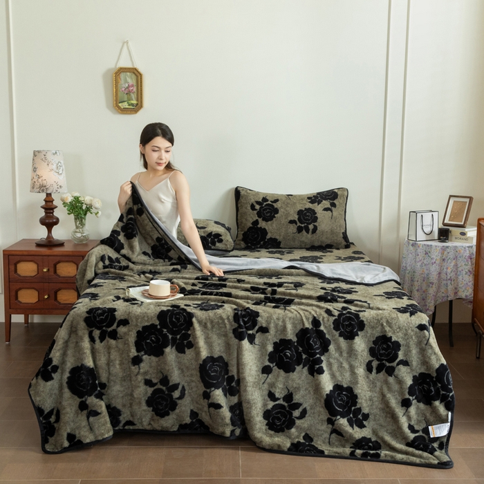 91家纺网 家纺一手货源 找家纺 库里梦家纺 2025直播网红爆款加厚兔兔绒床笠单件床笠单品床笠枕套三件套跨境床笠 黑玫瑰-灰