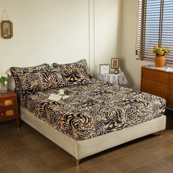 91家纺网 家纺一手货源 找家纺 库里梦家纺 2025直播网红爆款加厚兔兔绒床笠单件床笠单品床笠枕套三件套跨境床笠 豹点纹