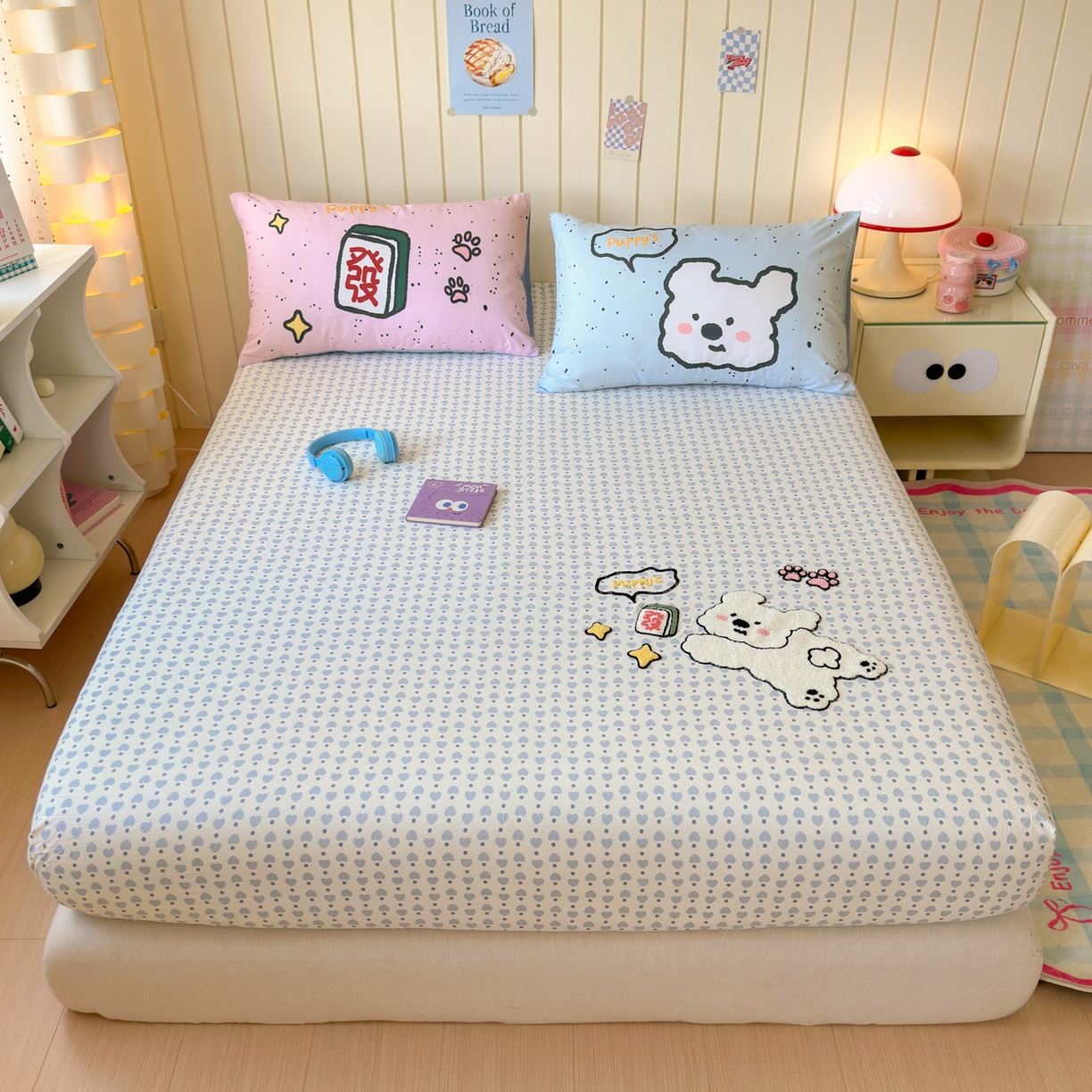 91家纺网 家纺一手货源 找家纺 一霖家纺 2025新款高克重云朵棉毛巾绣床笠 小红书热推 床笠款毛巾绣-麻将小狗