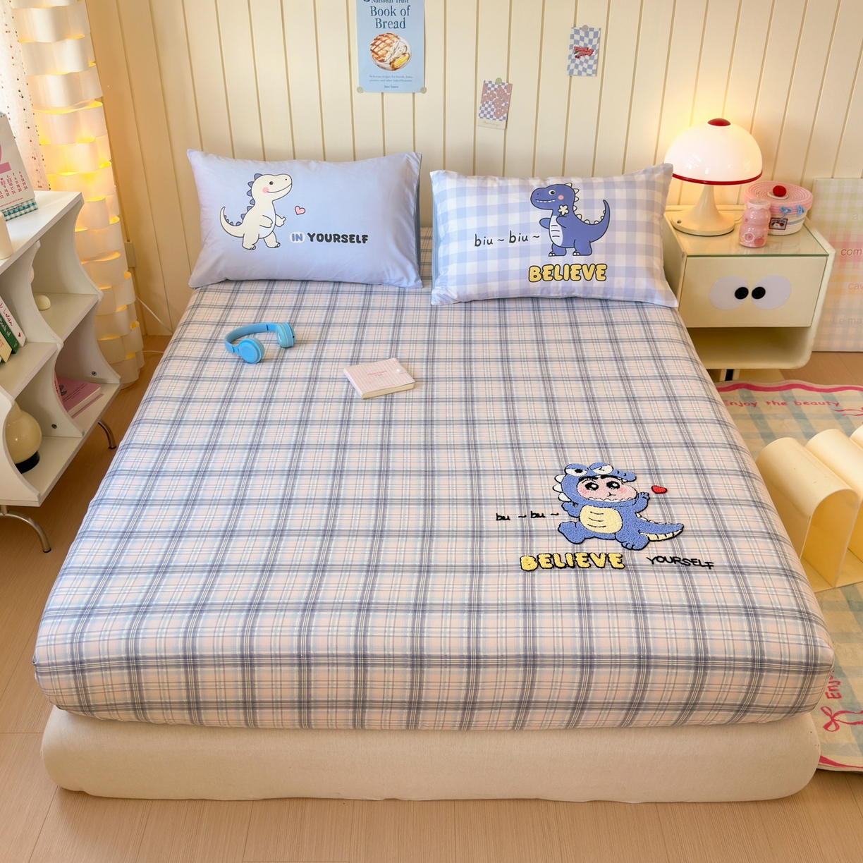 一霖家纺 2025新款高克重云朵棉毛巾绣床笠 小红书热推 床笠款毛巾绣-恐龙小新