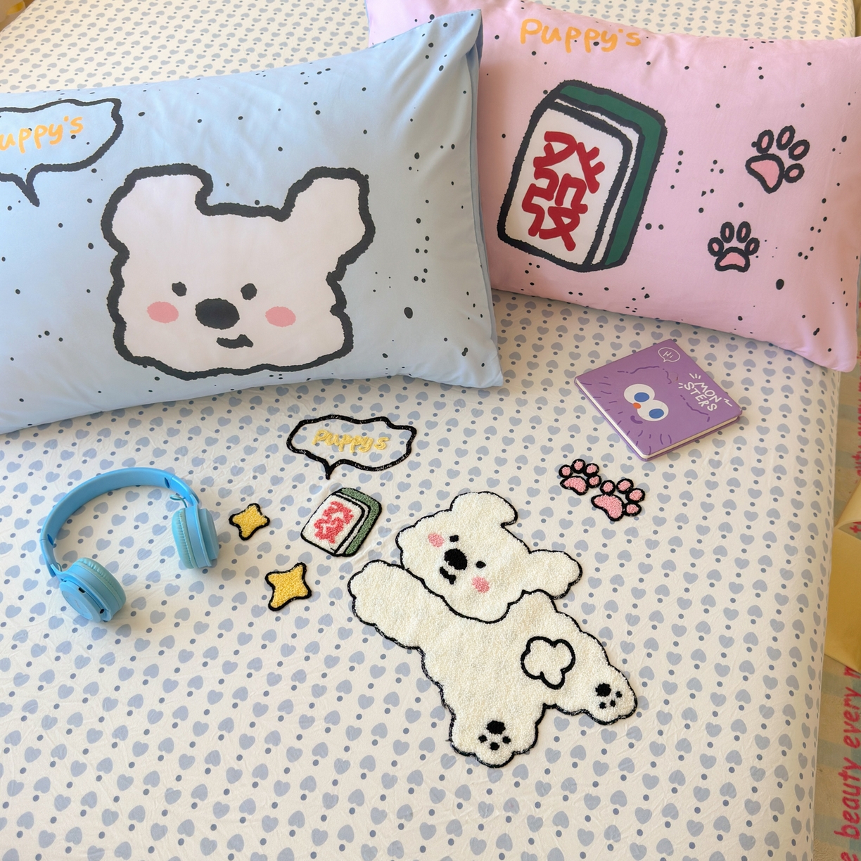 91家纺网 家纺一手货源 找家纺 一霖家纺 2025新款高克重云朵棉毛巾绣床笠 小红书热推 床笠款毛巾绣-麻将小狗