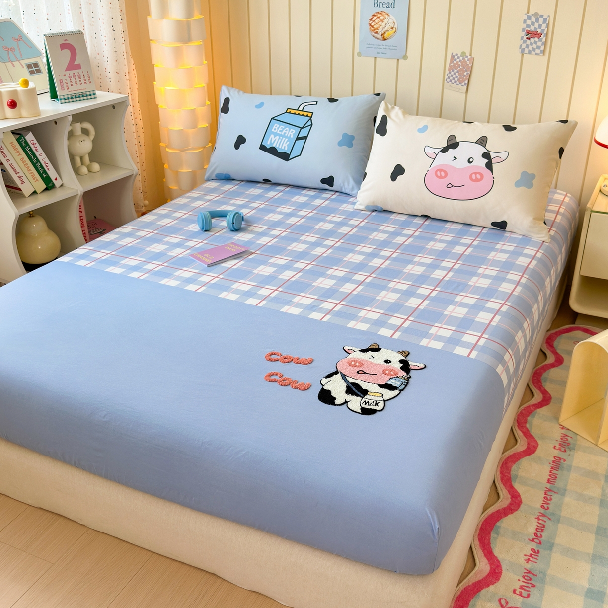 91家纺网 家纺一手货源 找家纺 一霖家纺 2025新款高克重云朵棉毛巾绣床笠 小红书热推 床笠款毛巾绣-牛杯杯