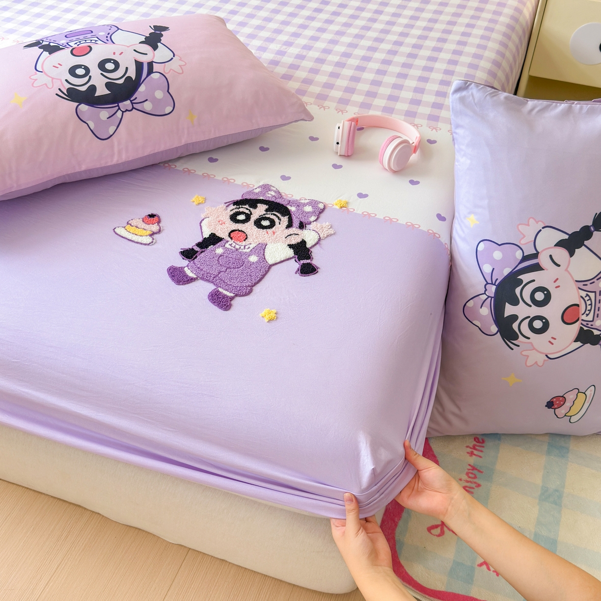 91家纺网 家纺一手货源 找家纺 一霖家纺 2025新款高克重云朵棉毛巾绣床笠 小红书热推 床笠款毛巾绣-甜品小新