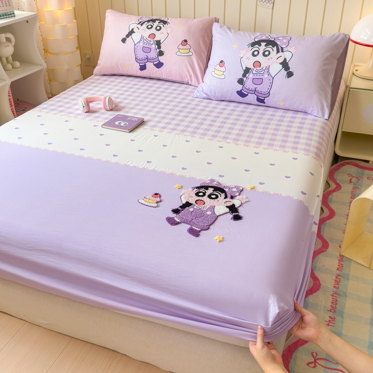 91家纺网 家纺一手货源 找家纺 一霖家纺 2025新款高克重云朵棉毛巾绣床笠 小红书热推 床笠款毛巾绣-甜品小新