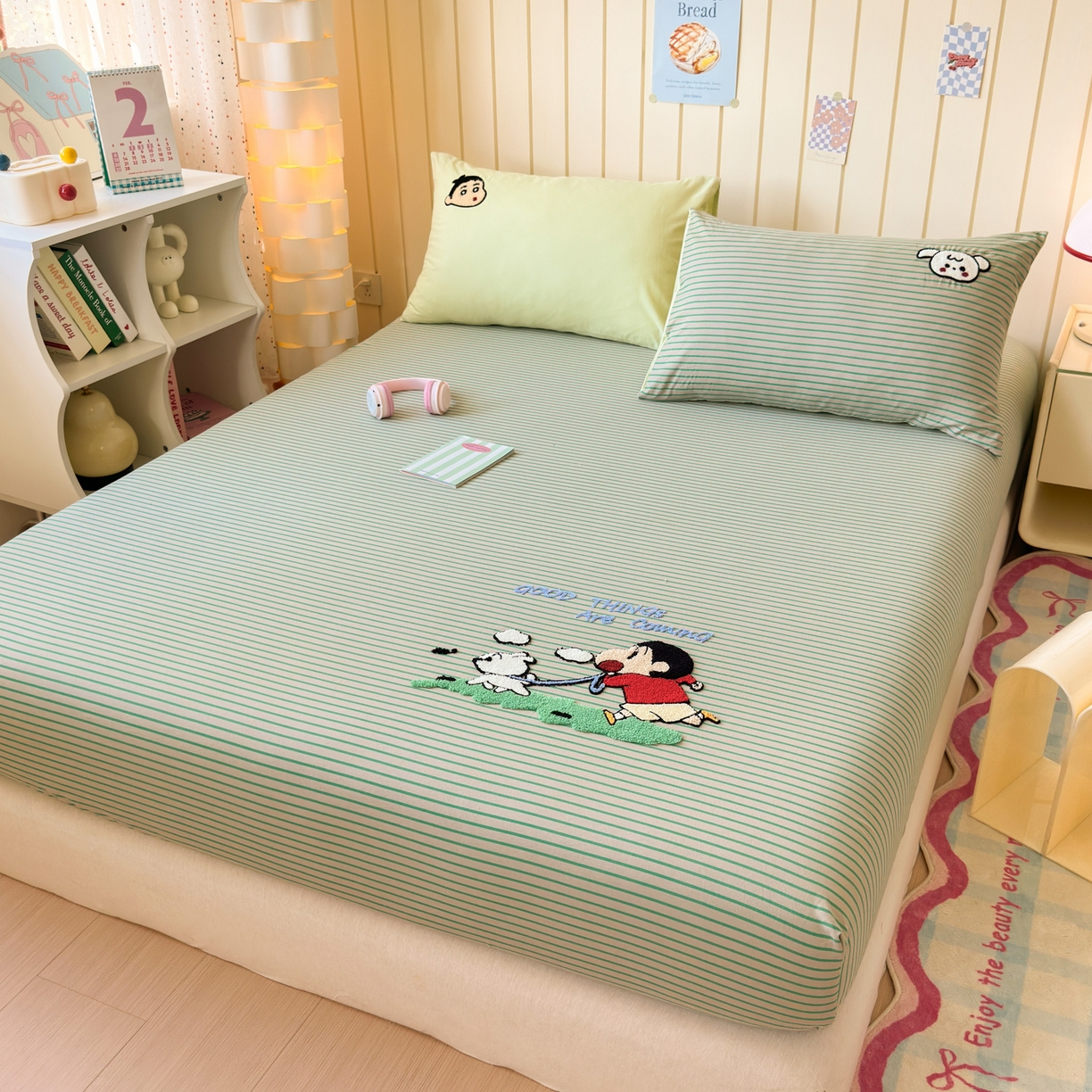 91家纺网 家纺一手货源 找家纺 一霖家纺 2025新款高克重云朵棉毛巾绣床笠 小红书热推 床笠款毛巾绣-小新与小白