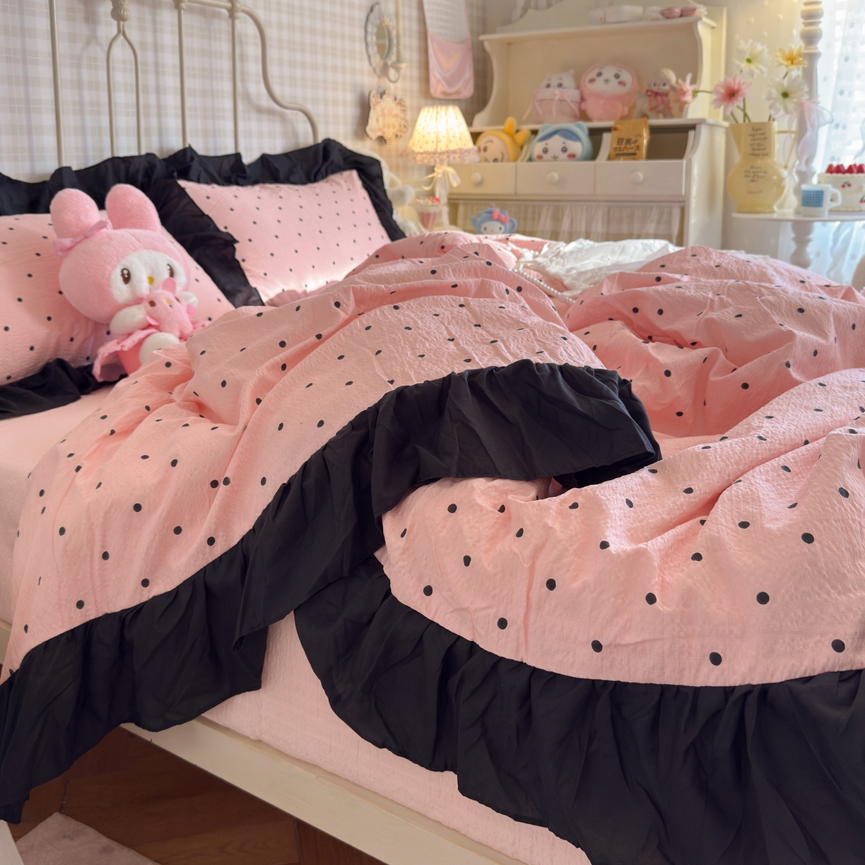 91家纺网 家纺一手货源 找家纺 （总）优卡迪家纺馆 2025新款皱皱棉双层纱黑花边四件套