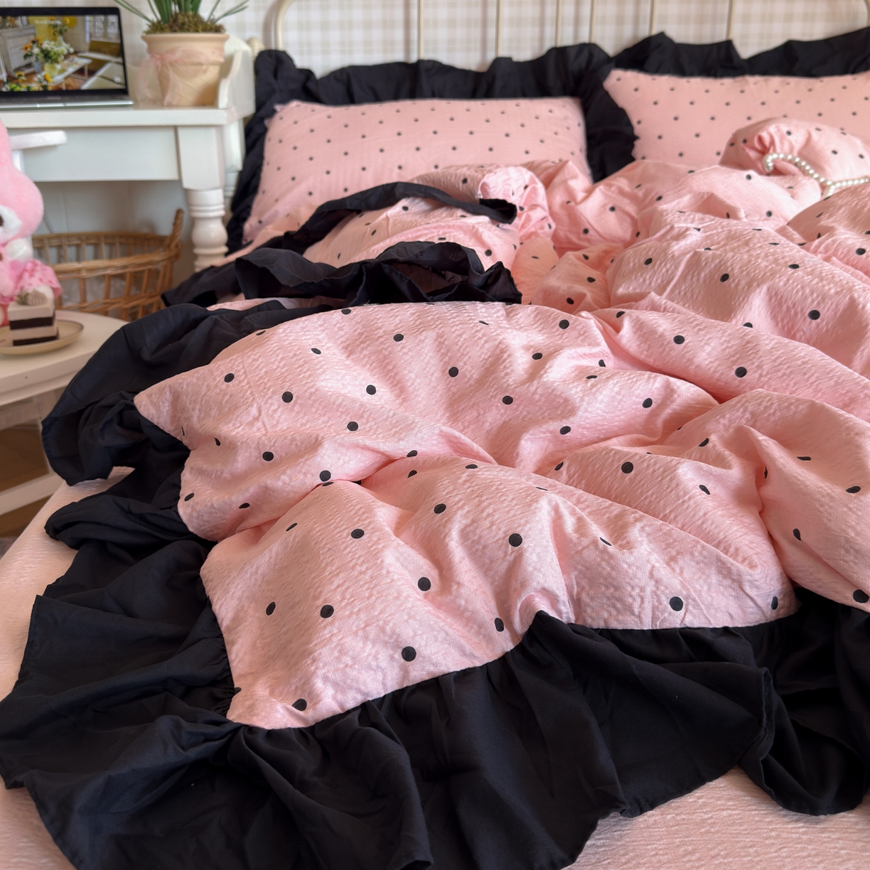 91家纺网 家纺一手货源 找家纺 （总）优卡迪家纺馆 2025新款皱皱棉双层纱黑花边四件套