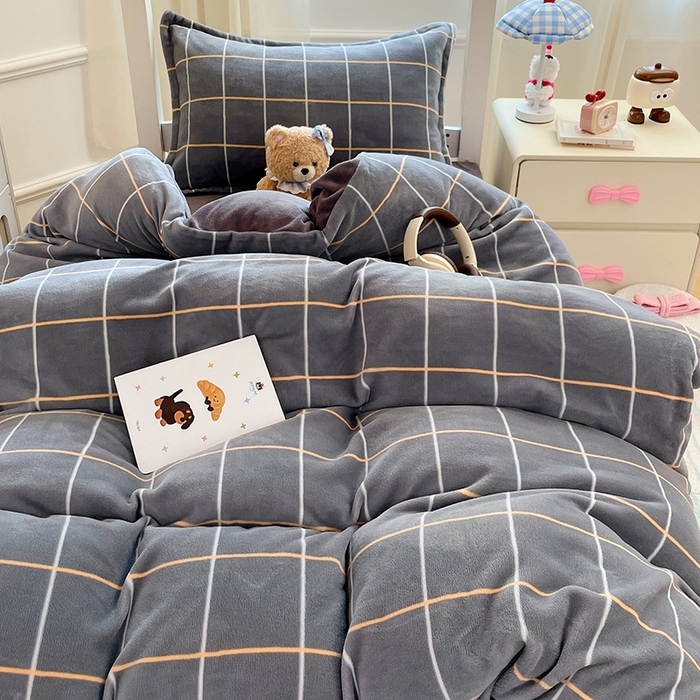 91家纺网 家纺一手货源 找家纺 锦润家纺 2025新款亲肤舒适牛奶绒三件套学生三件套上下铺三件套宿舍三件套 格子控-灰