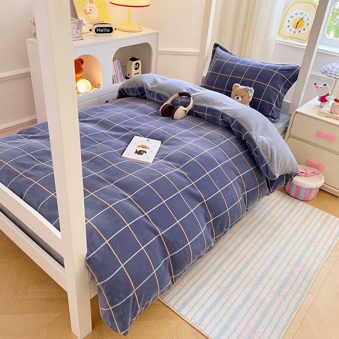 91家纺网 家纺一手货源 找家纺 锦润家纺 2025新款亲肤舒适牛奶绒三件套学生三件套上下铺三件套宿舍三件套 格子控-蓝