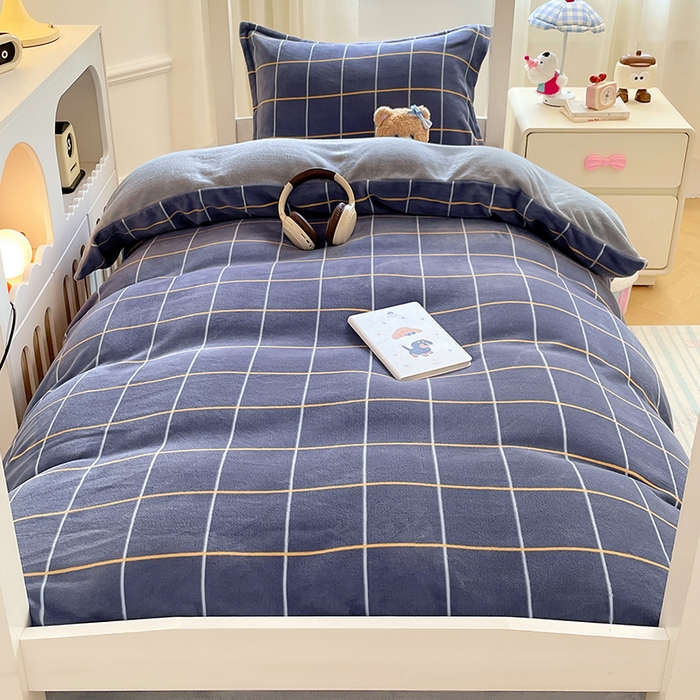 91家纺网 家纺一手货源 找家纺 锦润家纺 2025新款亲肤舒适牛奶绒三件套学生三件套上下铺三件套宿舍三件套 格子控-蓝