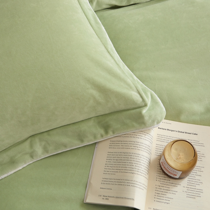 91家纺网 家纺一手货源 找家纺 ONE TWO ONE 121 【婴儿绒四件套】2025新款毛毯被子四件套单件床单被套床笠珊瑚绒牛奶绒冬被法兰绒兔毛绒滚绳款 纯色款-芽绿