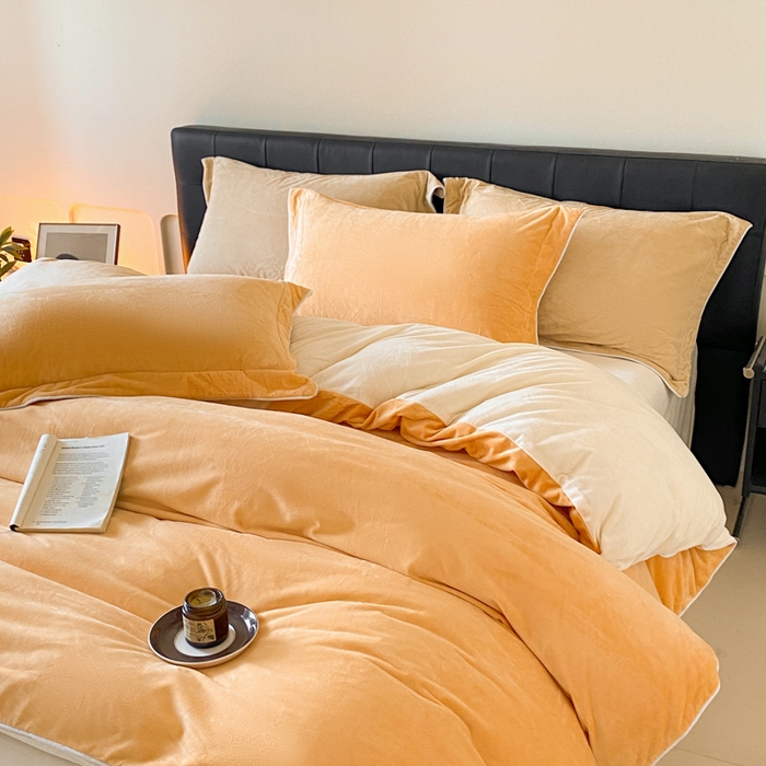 91家纺网 家纺一手货源 找家纺 ONE TWO ONE 121 【婴儿绒四件套】2025新款毛毯被子四件套单件床单被套床笠珊瑚绒牛奶绒冬被法兰绒兔毛绒滚绳款 双拼款-奶黄