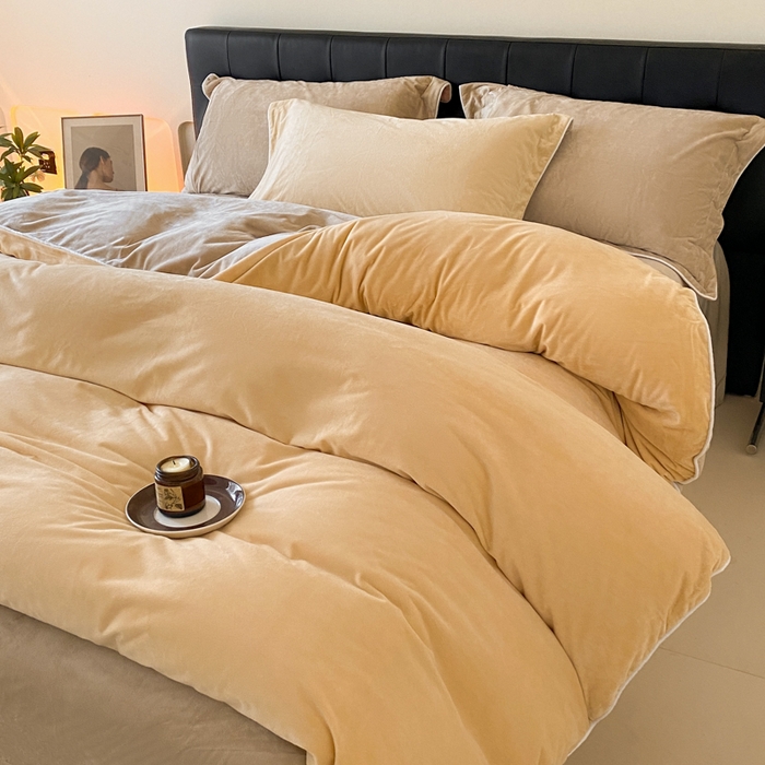 91家纺网 家纺一手货源 找家纺 ONE TWO ONE 121 【婴儿绒四件套】2025新款毛毯被子四件套单件床单被套床笠珊瑚绒牛奶绒冬被法兰绒兔毛绒滚绳款 双拼款-乳酪米咖