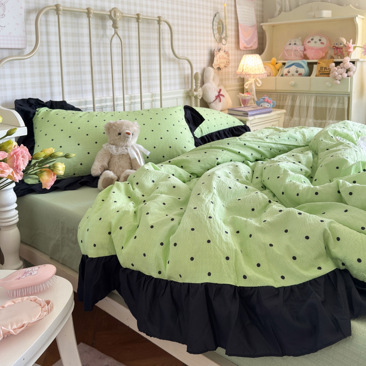 91家纺网 家纺一手货源 找家纺 优卡迪家纺馆 2025新款皱皱棉双层纱黑花边四件套 波点生活-绿