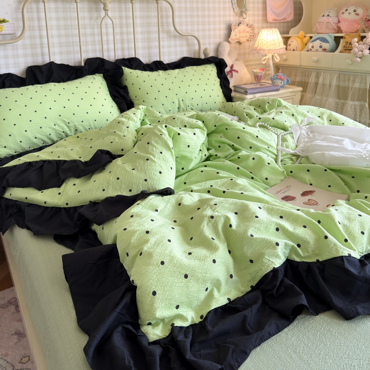 优卡迪家纺馆 2025新款皱皱棉双层纱黑花边四件套 波点生活-绿