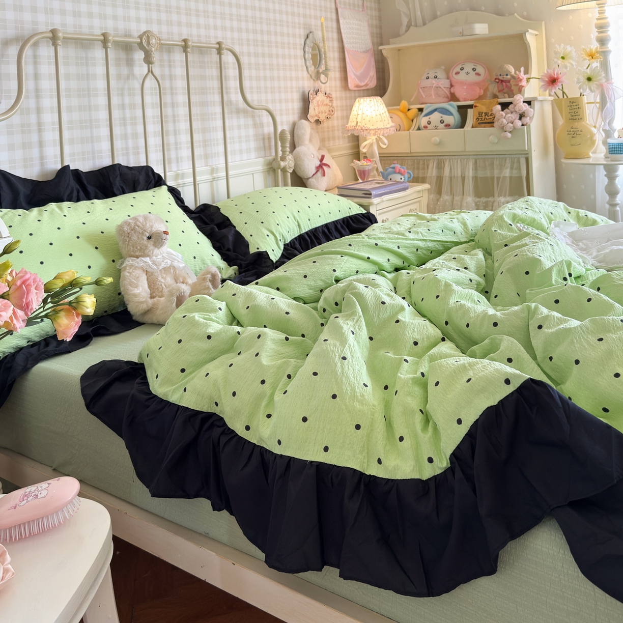 91家纺网 家纺一手货源 找家纺 优卡迪家纺馆 2025新款皱皱棉双层纱黑花边四件套 波点生活-绿