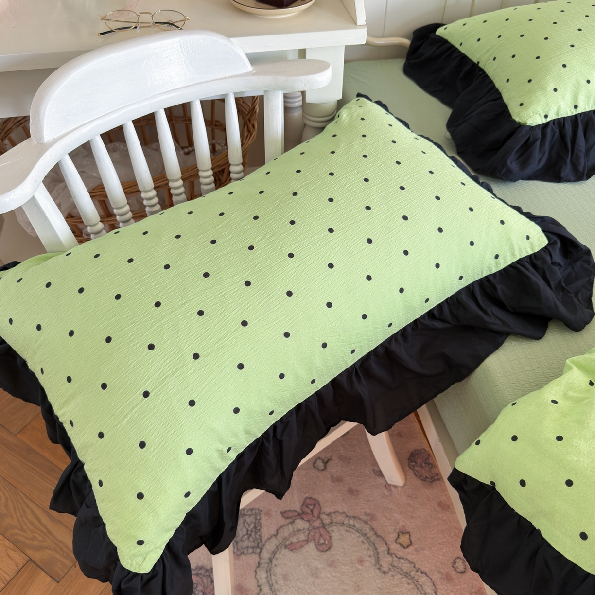 91家纺网 家纺一手货源 找家纺 优卡迪家纺馆 2025新款皱皱棉双层纱黑花边四件套 波点生活-绿