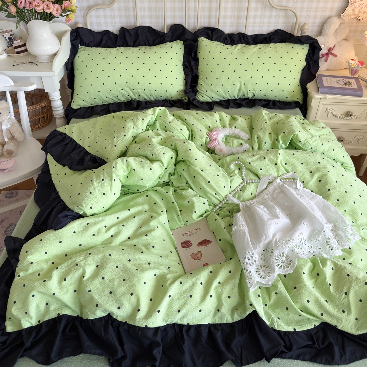 91家纺网 家纺一手货源 找家纺 优卡迪家纺馆 2025新款皱皱棉双层纱黑花边四件套 波点生活-绿