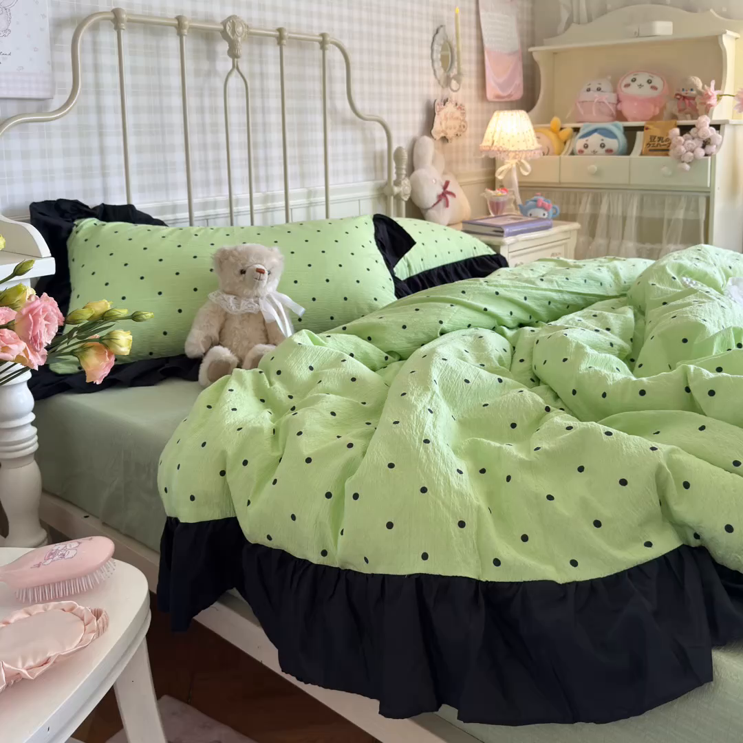 91家纺网 家纺一手货源 找家纺 优卡迪家纺馆 2025新款皱皱棉双层纱黑花边四件套 波点生活-绿