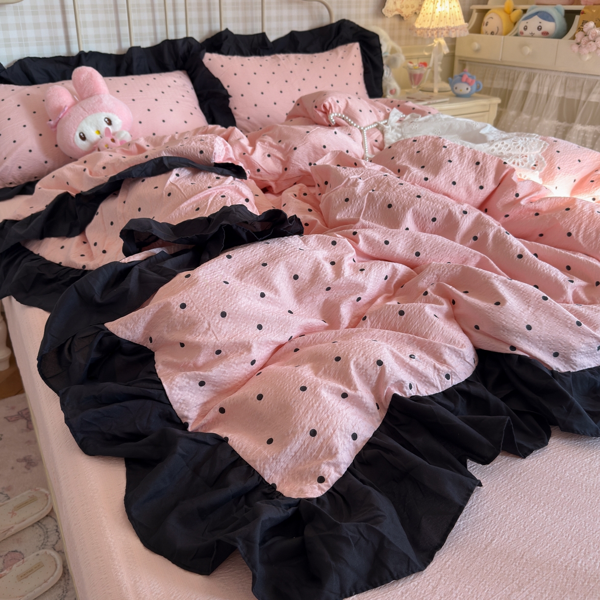 优卡迪家纺馆 2025新款皱皱棉双层纱黑花边四件套 波点生活-粉