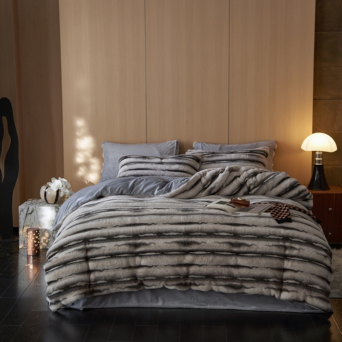 眠博士 2025新款兔兔牛奶绒加厚保暖四件套 兔兔绒-条条灰