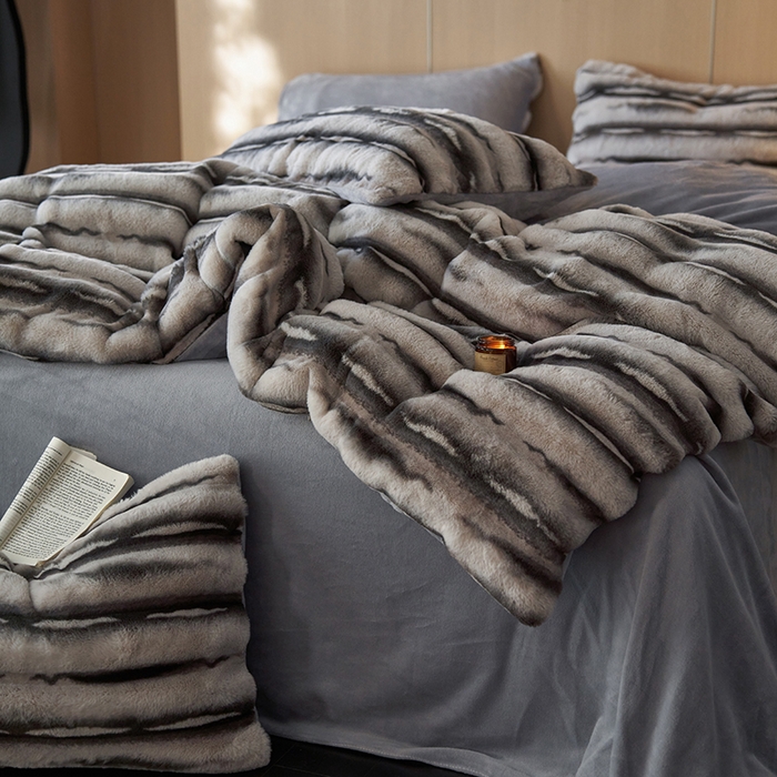 91家纺网 家纺一手货源 找家纺 眠博士 2025新款兔兔牛奶绒加厚保暖四件套 兔兔绒-条条灰