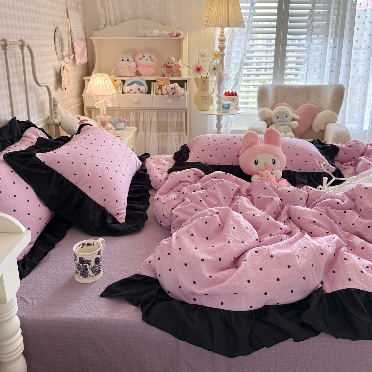 91家纺网 家纺一手货源 找家纺 优卡迪家纺馆 2025新款皱皱棉双层纱黑花边四件套 波点生活-紫