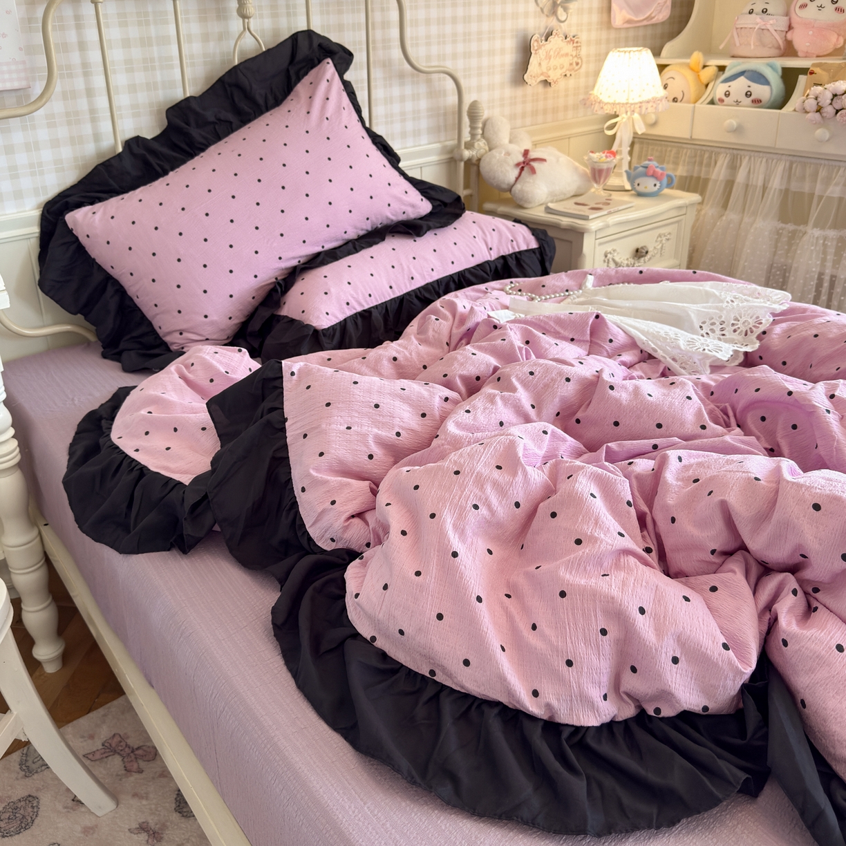 91家纺网 家纺一手货源 找家纺 优卡迪家纺馆 2025新款皱皱棉双层纱黑花边四件套 波点生活-紫