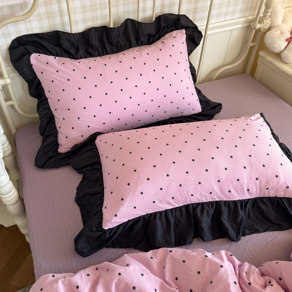 91家纺网 家纺一手货源 找家纺 优卡迪家纺馆 2025新款皱皱棉双层纱黑花边四件套 波点生活-紫