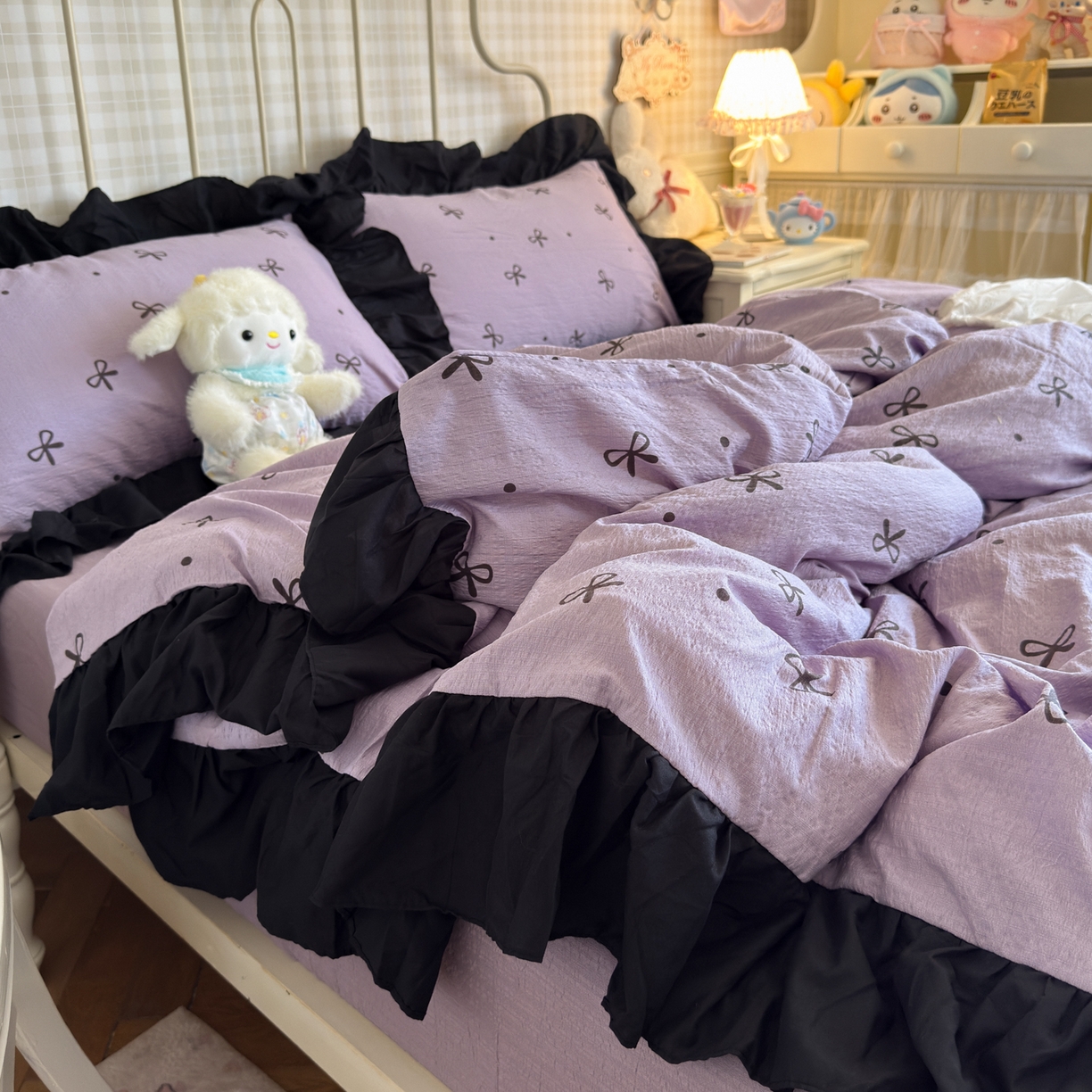 优卡迪家纺馆 2025新款皱皱棉双层纱黑花边四件套 紫苏