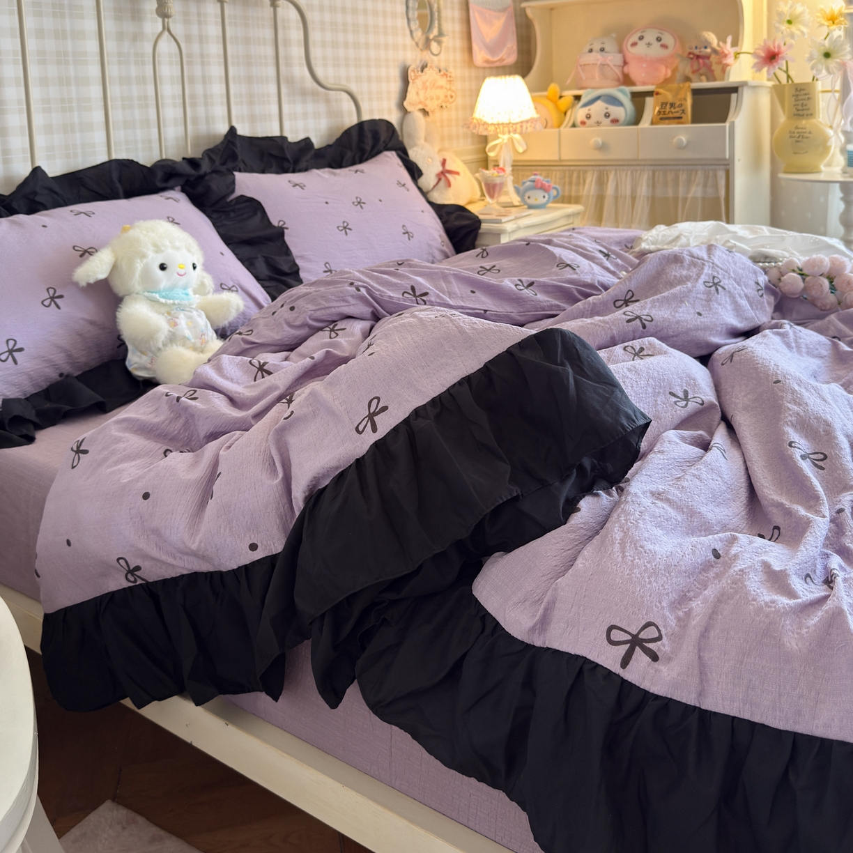 91家纺网 家纺一手货源 找家纺 优卡迪家纺馆 2025新款皱皱棉双层纱黑花边四件套 紫苏